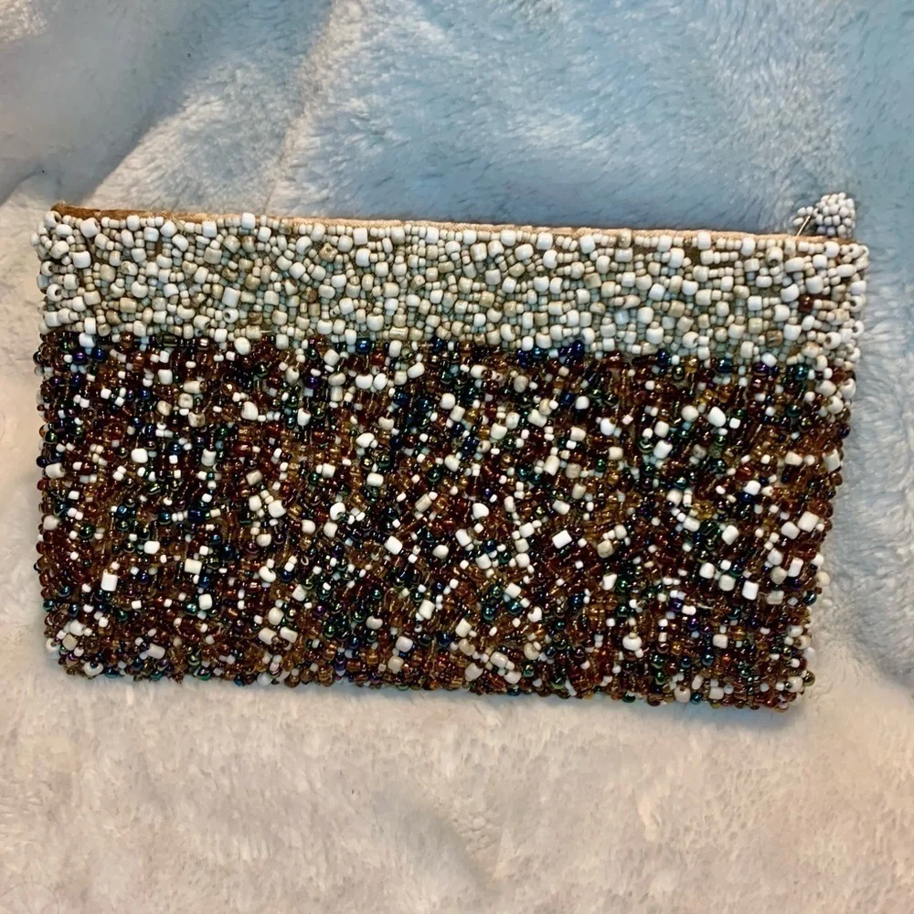 Vintage Beaded Purse Clutch White Taupe Amber Rainbow Beads Zippered Close